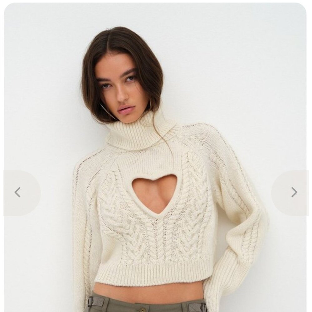 For Love & Lemons Heart Cut - Out Cable Knit Sweater - Cream Dream - Medium